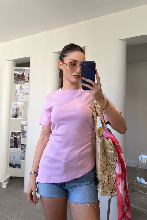 Asimetrik Kesim Kısa Kollu Bluz- PEMBE
