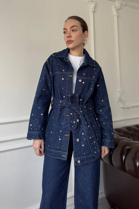 Beli Kuşaklı Denim Ceket- MAVİ
