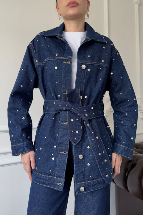 Beli Kuşaklı Denim Ceket- MAVİ