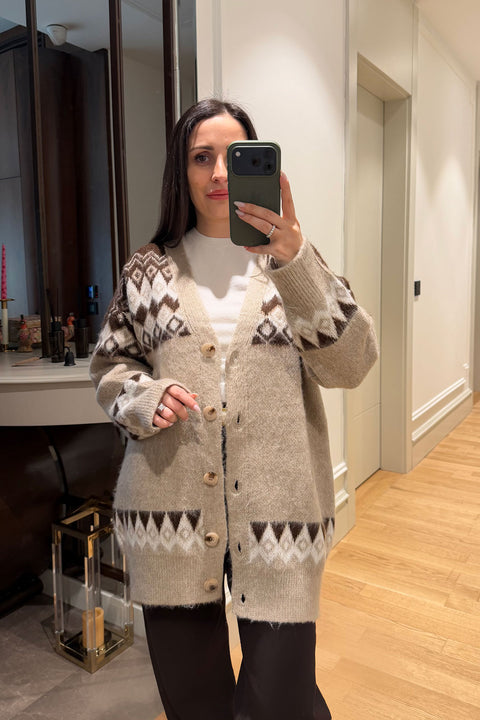 Desenli Oversize Triko Angora Hırka- CAMEL