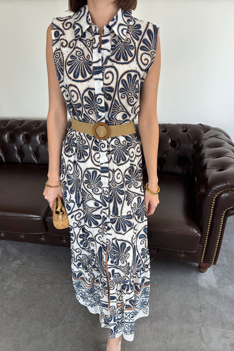 Kır Çiçeği - Hasır Kemerli Premium Elbise- EKRU