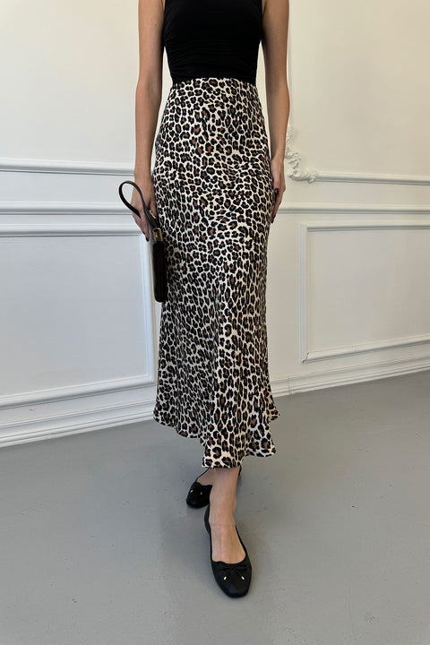 Leopar Midi Saten Etek- BEJ