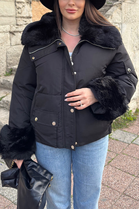 Marelle Yakası Ve Kolu Kürklü Şişme Mont- SİYAH