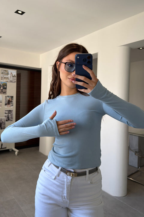 Parmak Geçmeli Uzun Kollu Body- BEBE MAVİSİ