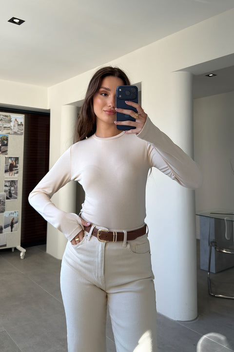 Parmak Geçmeli Uzun Kollu Body- BEJ