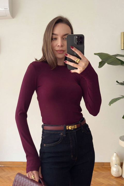 Parmak Geçmeli Uzun Kollu Body- KIRMIZI