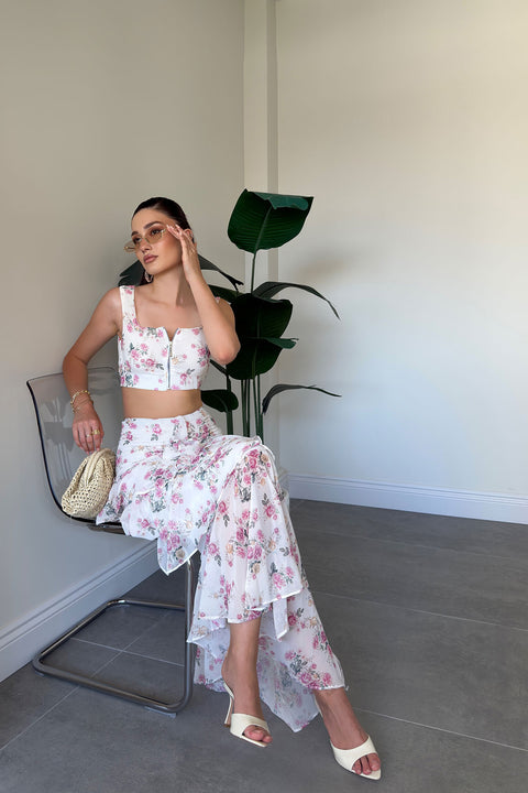 Pembe Çiçek Desenli Crop Bluz İkili Takım- EKRU
