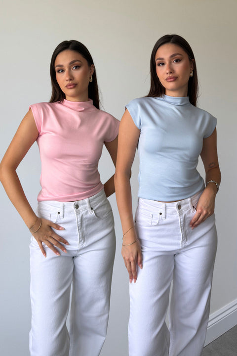 PEMBE MAVİ 2'Lİ PAKET PREMİUM DİK YAKA BLUZ- PEMBE MAVİ