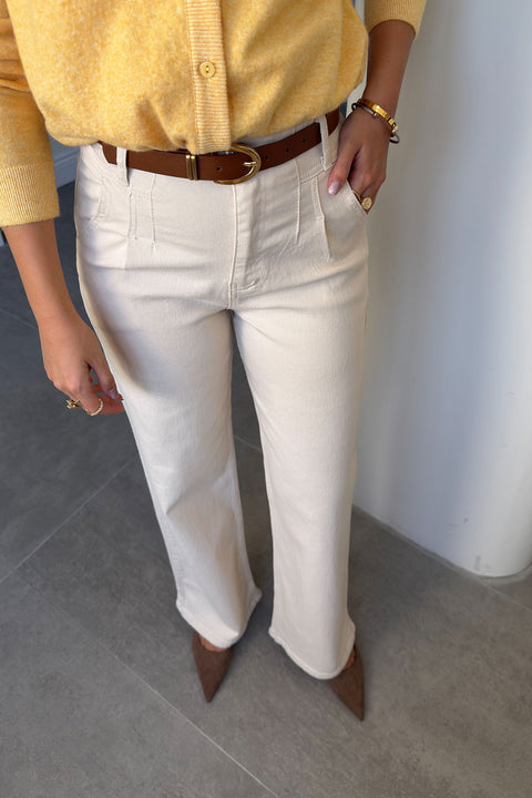PENS DETAYLI KEMERLİ WIDE LEG JEAN- BEJ