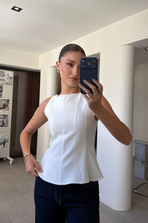 Peplum Detaylı Yandan Fermuarlı Bluz- BEYAZ