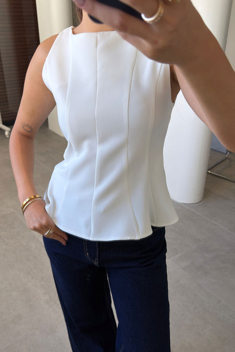 Peplum Detaylı Yandan Fermuarlı Bluz- BEYAZ