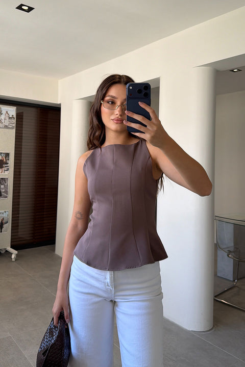Peplum Detaylı Yandan Fermuarlı Bluz- KAHVERENGİ