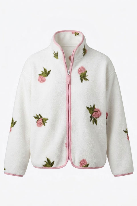 PREMİUM ÇİÇEK DESENLİ FERMUARLI POLAR HIRKA- PEMBE