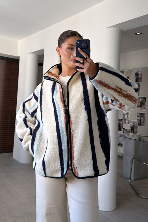 PREMİUM ÇİZGİLİ FERMUARLI POLAR HIRKA- CAMEL