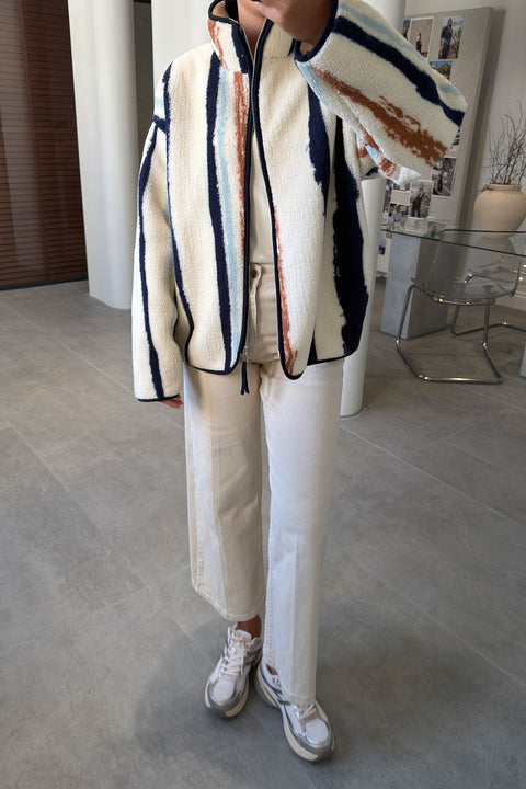 PREMİUM ÇİZGİLİ FERMUARLI POLAR HIRKA- CAMEL