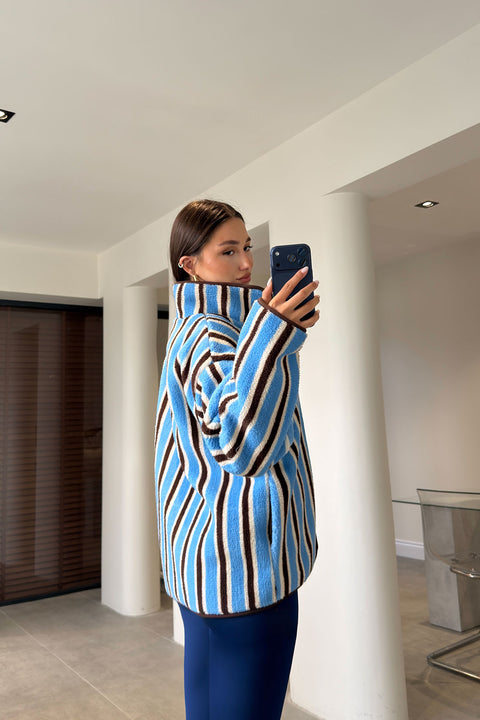 PREMİUM ÇİZGİLİ FERMUARLI POLAR HIRKA- KOYU MAVİ