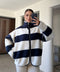 PREMİUM ÇİZGİLİ FERMUARLI POLAR HIRKA- LACİVERT