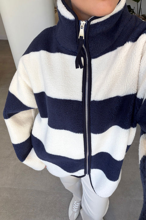 PREMİUM ÇİZGİLİ FERMUARLI POLAR HIRKA- LACİVERT