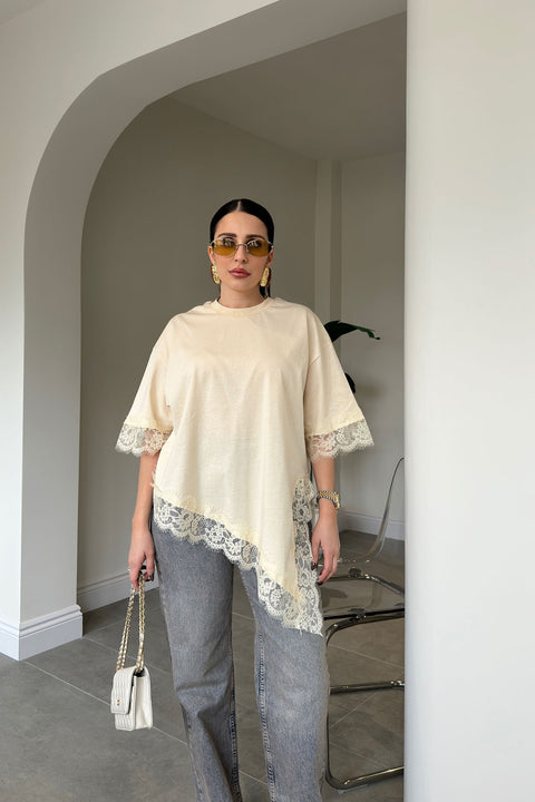 Premium Dantelli Bisiklet Yaka Bluz- BEJ