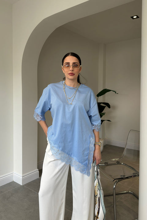 Premium Dantelli Bisiklet Yaka Bluz- MAVİ