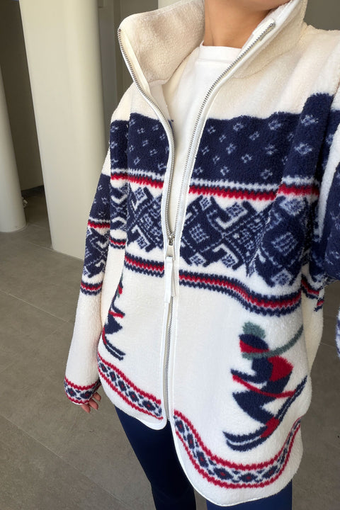 PREMİUM DESENLİ FERMUARLI POLAR HIRKA- KOYU LACİVERT