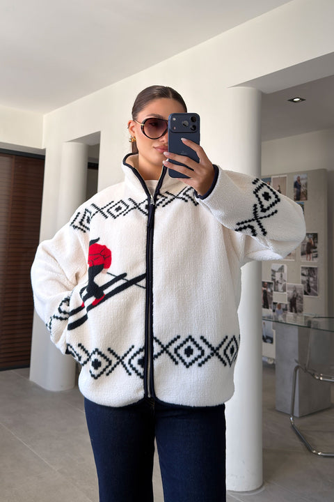 PREMİUM DESENLİ FERMUARLI POLAR HIRKA- KREM