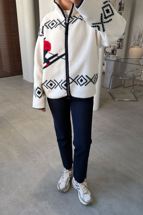 PREMİUM DESENLİ FERMUARLI POLAR HIRKA- KREM