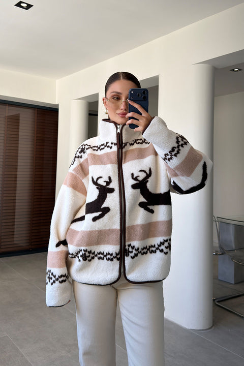 PREMİUM GEYİK DESENLİ FERMUARLI POLAR- KAHVERENGİ
