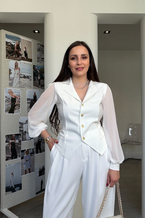 Premium Kolları Tül Detaylı Bluz- BEYAZ