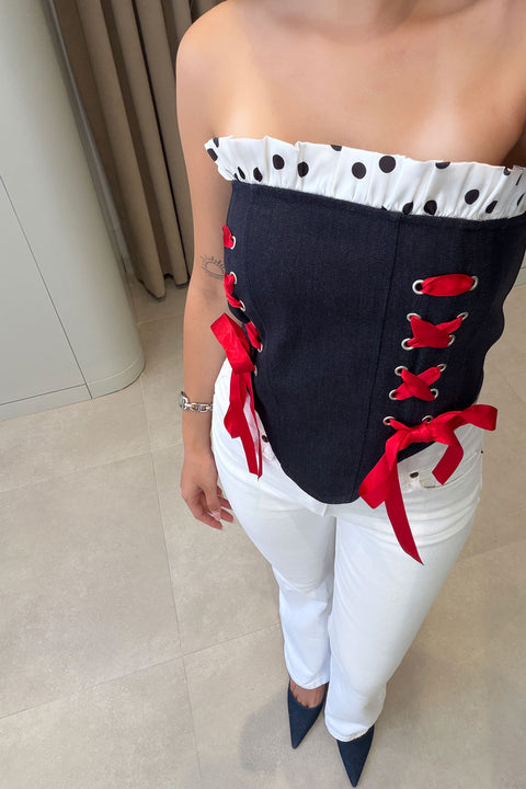 Premium Puantiye Desen Denim Büstiyer- KOYU LACİVERT