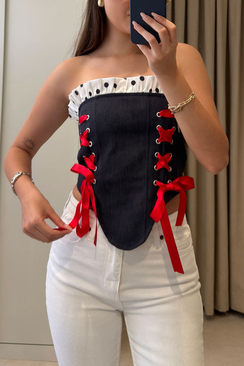 Premium Puantiye Desen Denim Büstiyer- KOYU LACİVERT