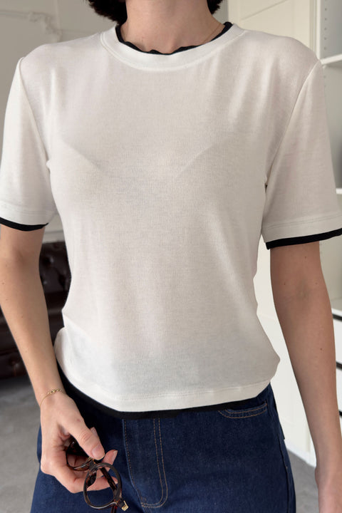 Renk Detay Triko Tshirt- EKRU