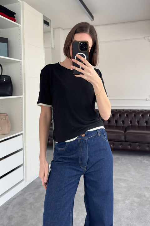 Renk Detay Triko Tshirt- SİYAH