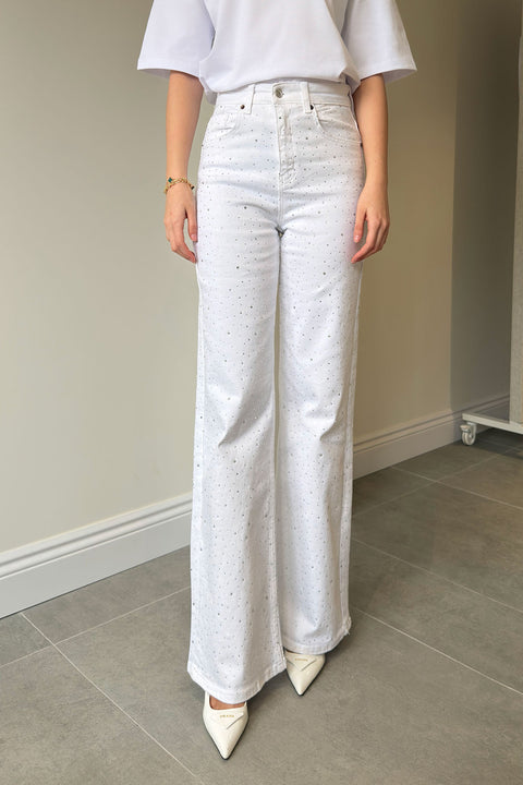 Taş Detaylı Wide Leg Jean- BEYAZ