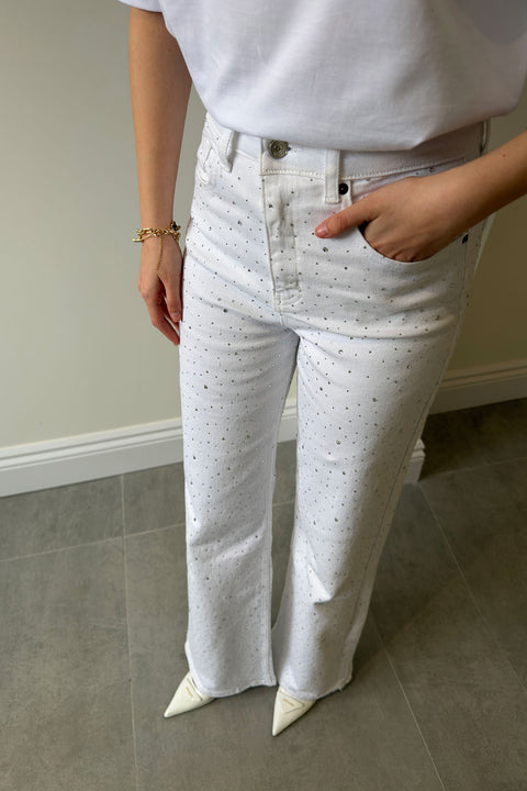 Taş Detaylı Wide Leg Jean- BEYAZ