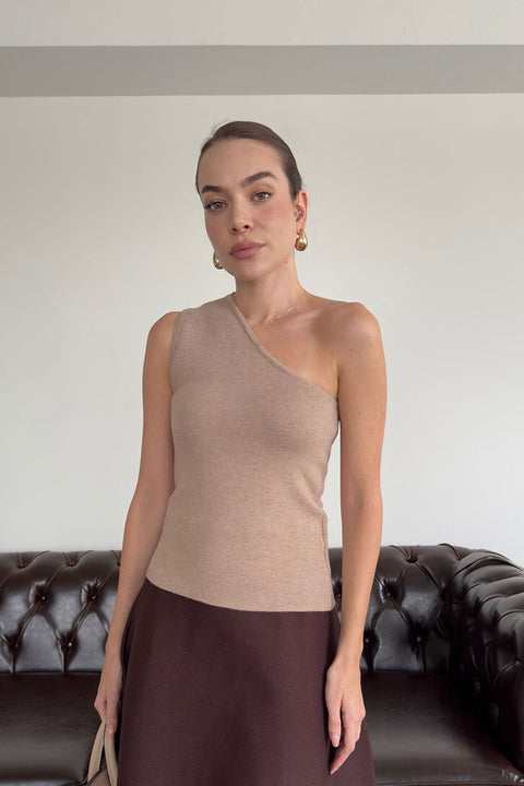 Tek Omuzlu Premium Triko Bluz- CAMEL