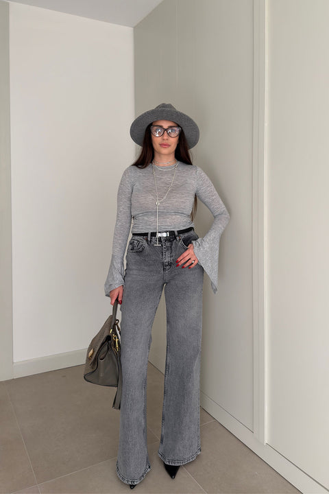 Tintli Wide Leg Jean- GRİ
