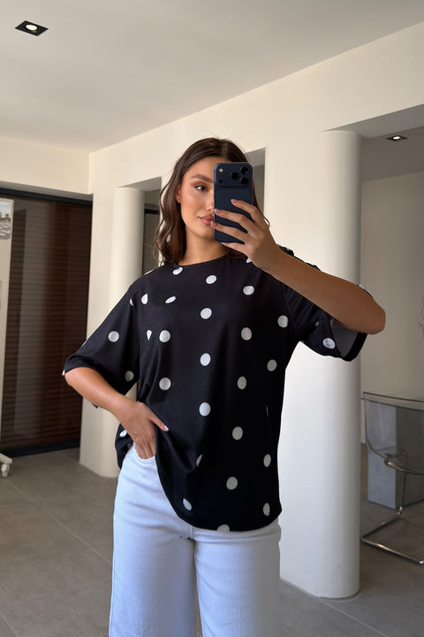 Vatkalı Oversize Puantiyeli Bluz- SİYAH