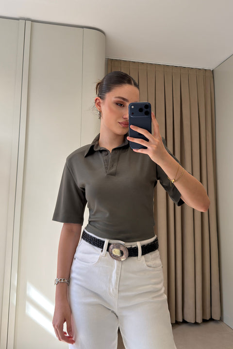 Vatkalı Premium Polo Yaka Bluz- HAKİ