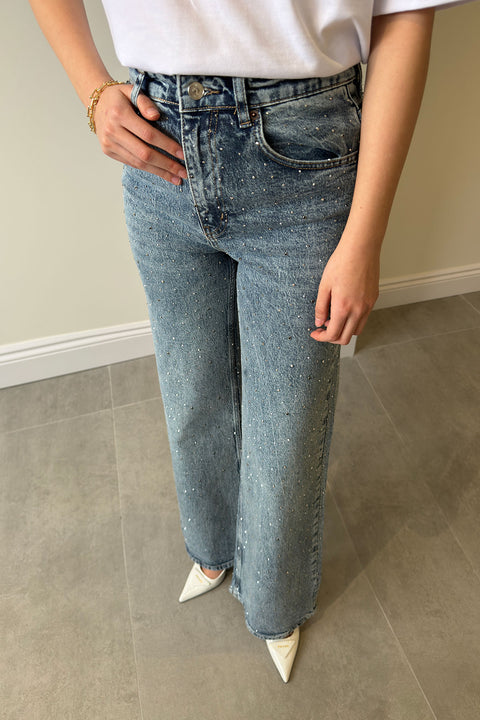Wideleg Bol Paça Taşlı Jean- MAVİ