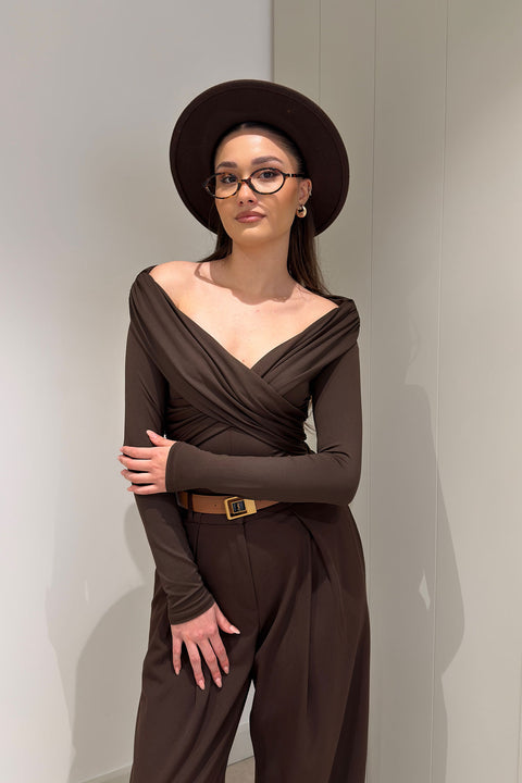 Yaka Detay Uzun Kollu Bodysuit- KAHVERENGİ