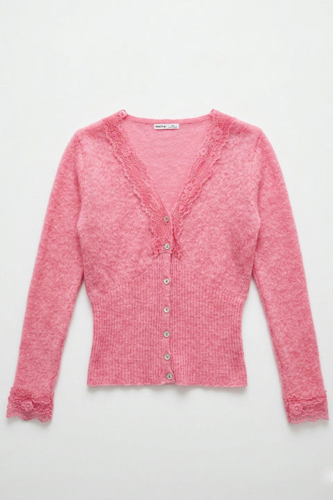 Yakası Ve Kolu Dantel Detaylı Hırka- PEMBE