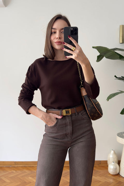 Yeni Model Kayık Yaka Triko Bluz- KAHVERENGİ