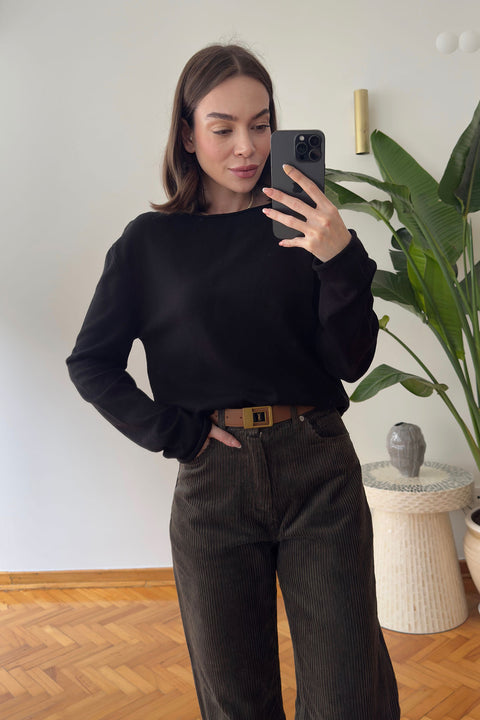 Yeni Model Kayık Yaka Triko Bluz- SİYAH