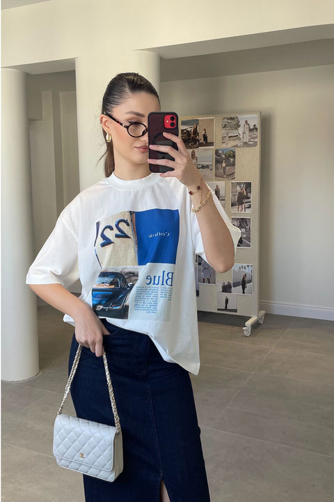 Yeni Sezon Blue Baskılı Tişört- KREM