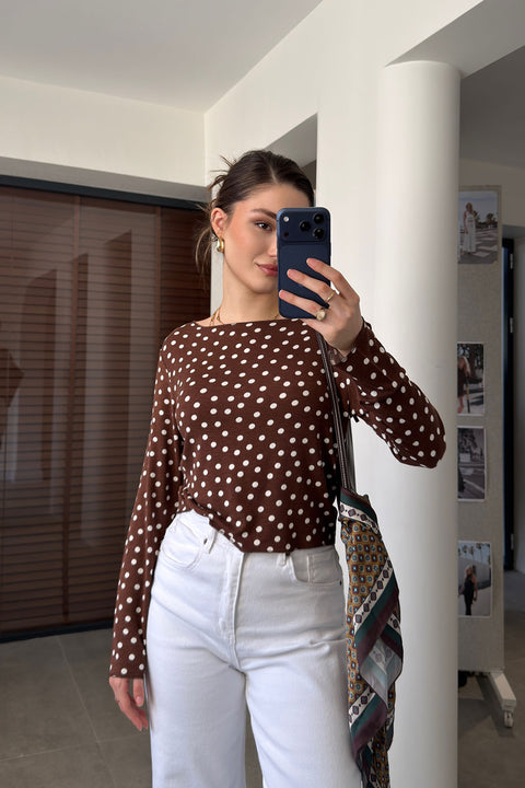 Yeni Sezon Dikiş Detaylı Puantiyeli Bluz- KAHVERENGİ
