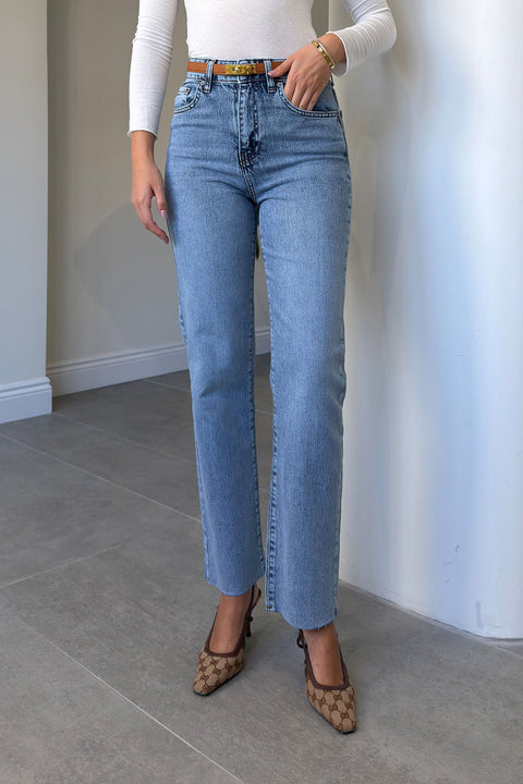 Yüksek Bel Kesik Paça Straight Fit Jean- AÇIK MAVİ