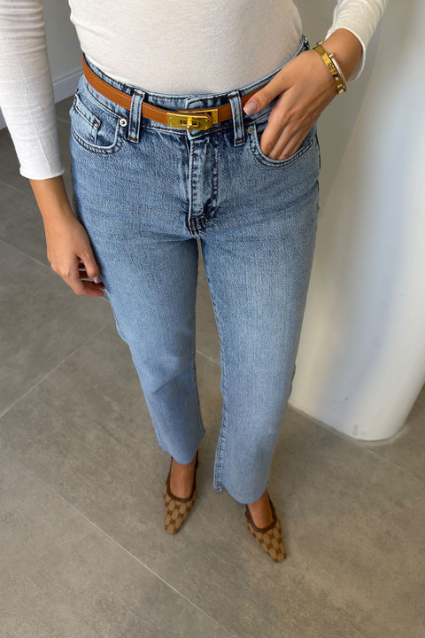 Yüksek Bel Kesik Paça Straight Fit Jean- AÇIK MAVİ
