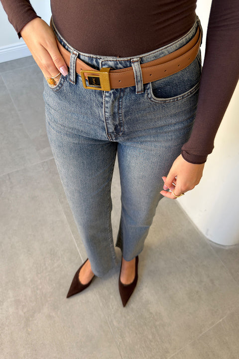 Yüksek Bel Kesik Paça Straight Fit Jean- MAVİ