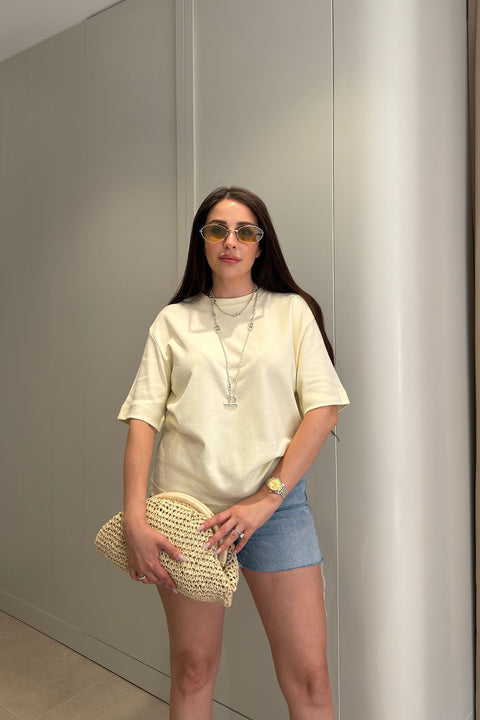 %100 Pamuk Kısa Kol Basic T-shirt- SARI